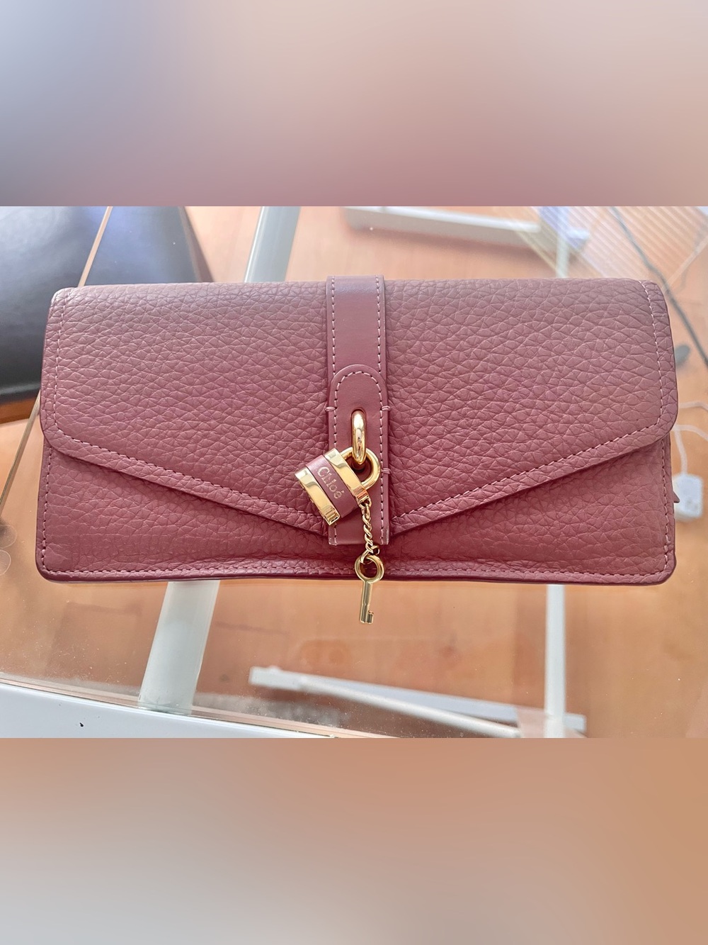 Authentic Chloé PADDINGTON Rose Pink Leather Wallet with Padlock Charm